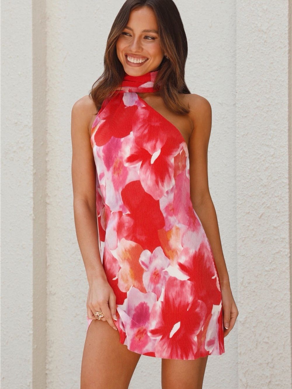 Hello Molly Red and Pink Floral Halter Mini Dress